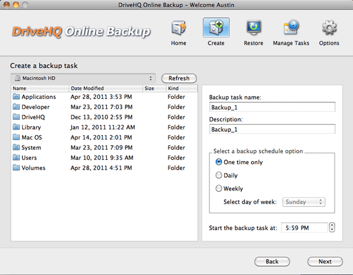 DriveHQ Online Backup for Mac screenshot - create backup task