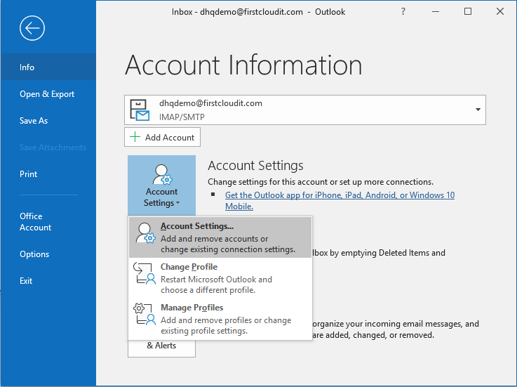 Add email account or change Outlook account settings