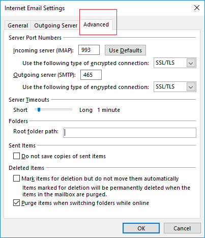 Outlook POP and IMAP Settings - Advanced more settings