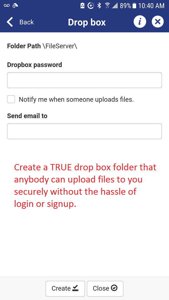 DriveHQ FileManager for Android screenshot - Create true drop box folder