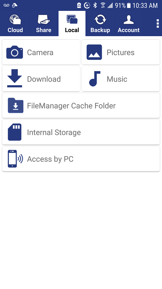 DriveHQ FileManager for Android - Main screen showing local files / folders