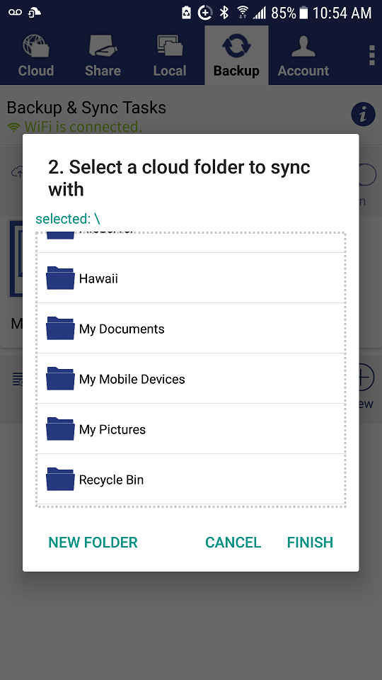 DriveHQ FileManager for Android screenshot - select a cloud folder to sync