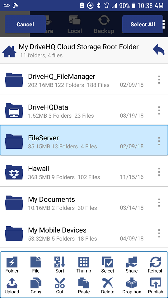 DriveHQ FileManager for Android - Tap a file / folder and hold to select it