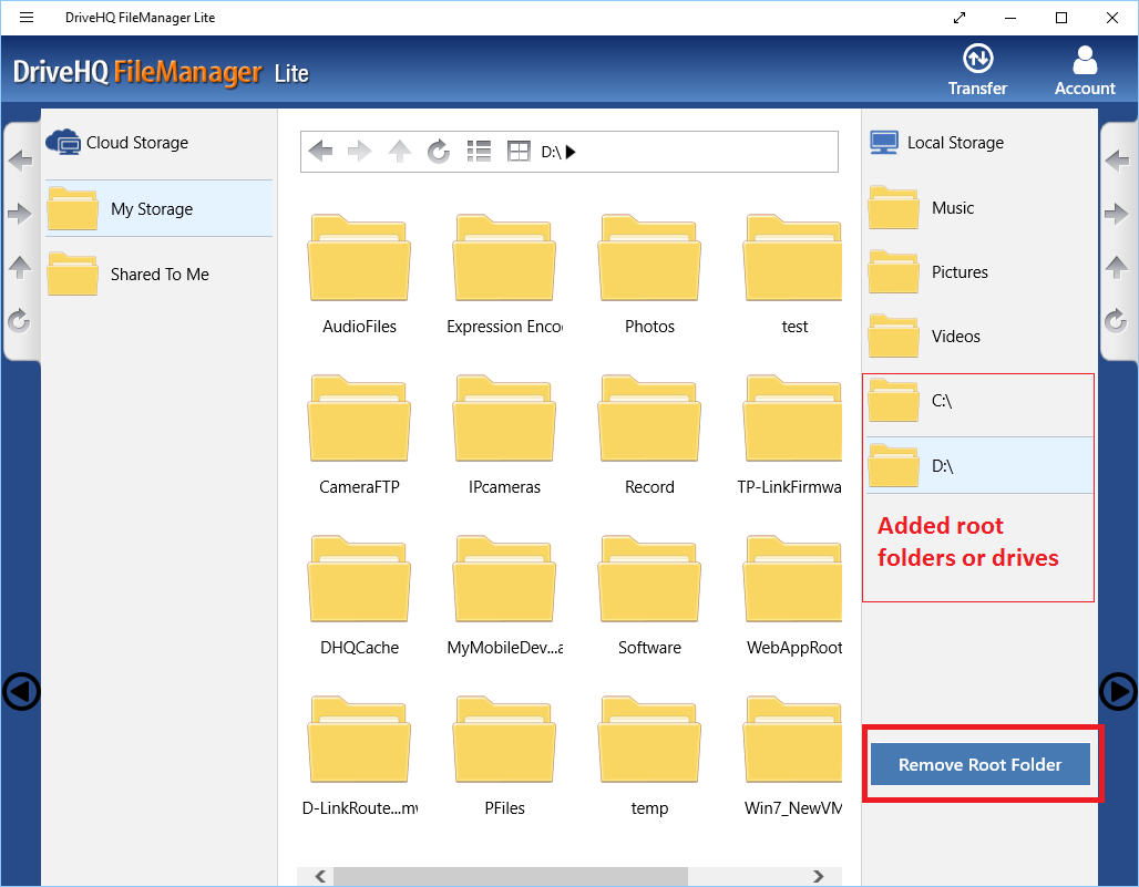 DriveHQ FileManager Lite for Windows tablets - Add more local folders/drives to be displayed in the App's local storage