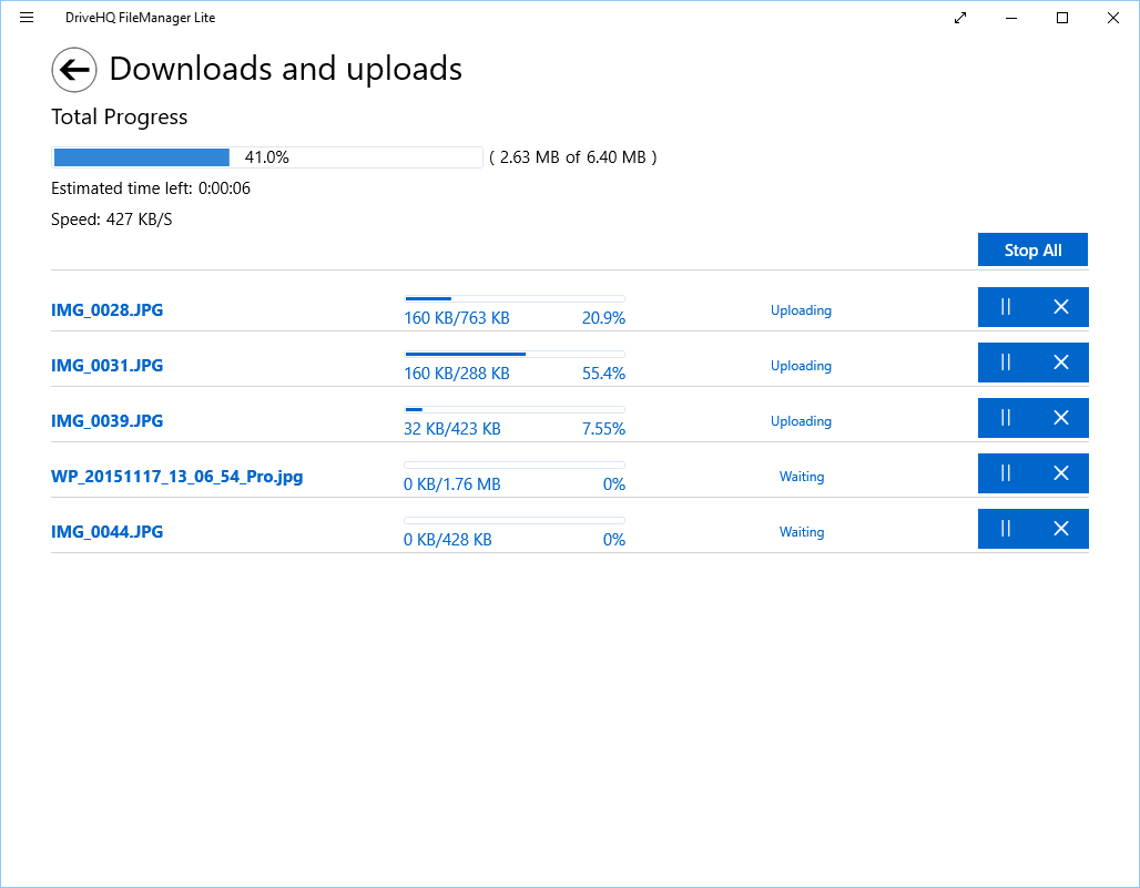 DriveHQ FileManager Lite for Windows tablets - Display progress info when copy/paste, upload/download files