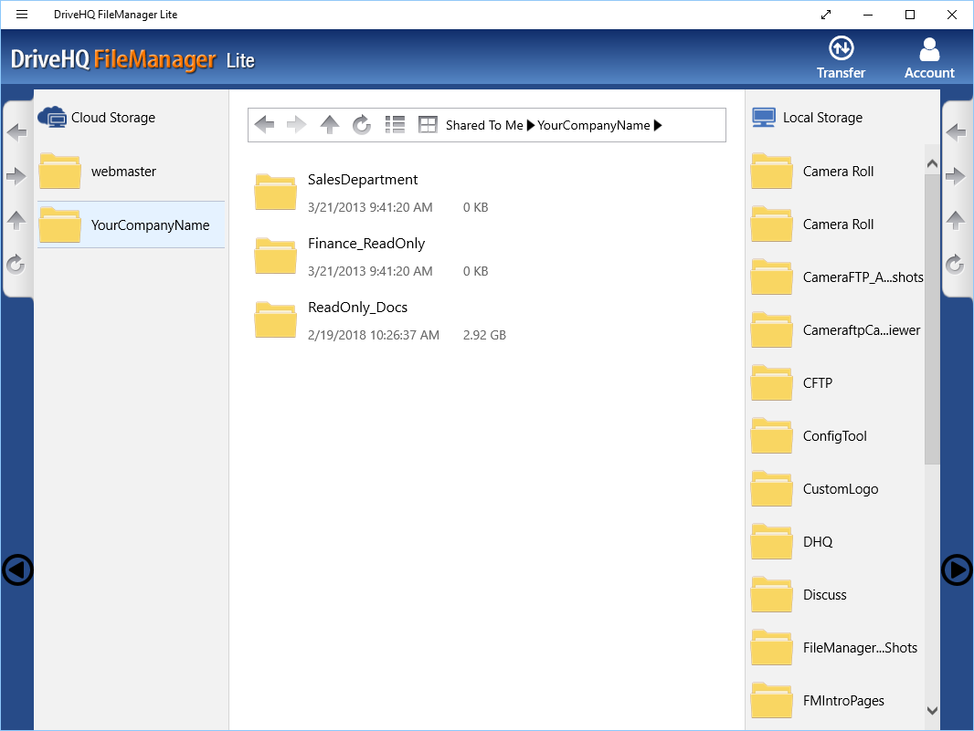 DriveHQ FileManager Lite for Windows tablets - Folders shared to me with access control