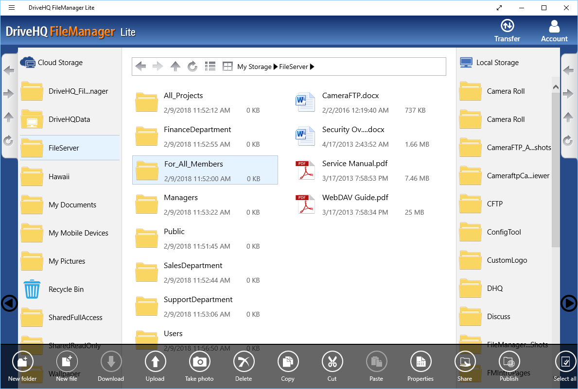 DriveHQ FileManager Lite for Windows tablets - Select a cloud file and display the toolbar