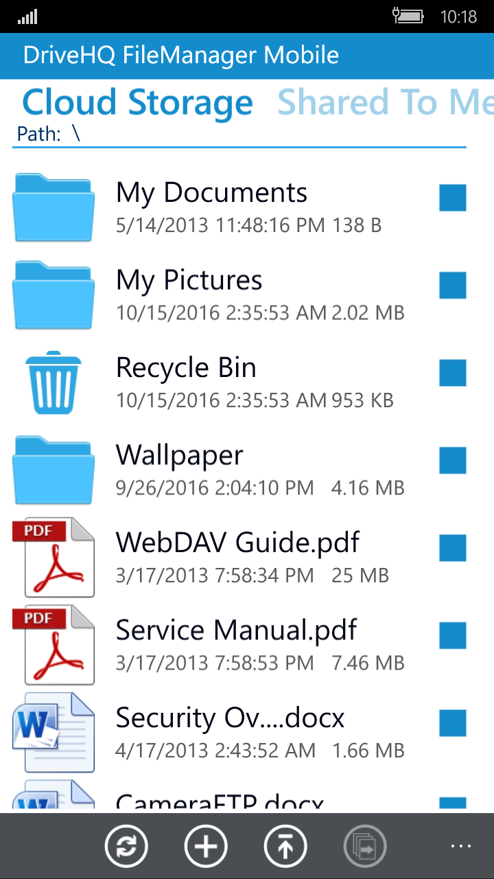 DriveHQ FileManager for Windows Mobile Phone screenshot: Main Screen displaying Cloud Storage.