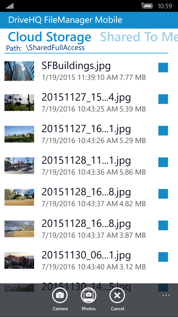 DriveHQ FileManager for Windows Mobile Phone screenshot: Upload from camera or photos.
