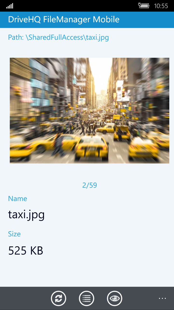 DriveHQ FileManager for Windows Mobile Phone screenshot: Show image, image details, download.