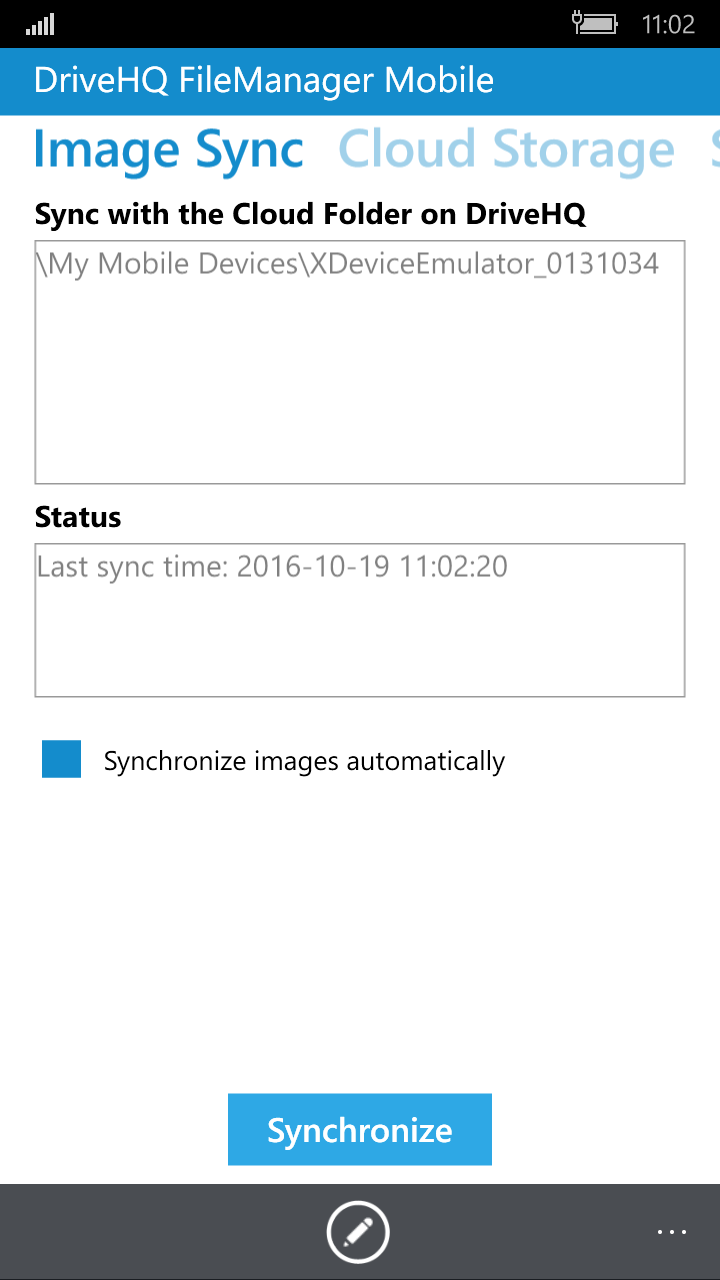 DriveHQ FileManager for Windows Mobile Phone screenshot: backup / sync images.