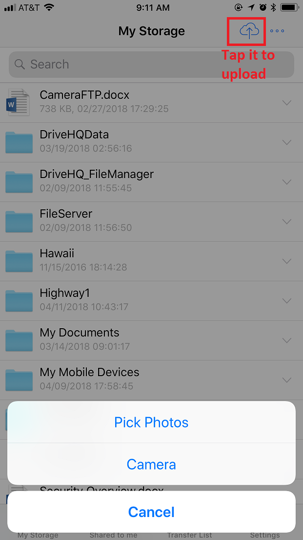 DriveHQ FileManager for iPhone screenshot - Upload photos or new camera images