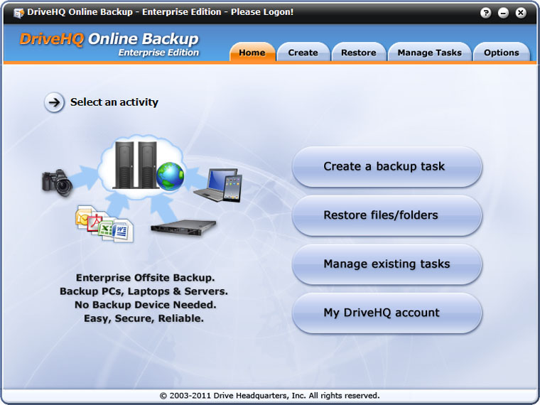 DriveHQ Online Backup screenshot - the main screen