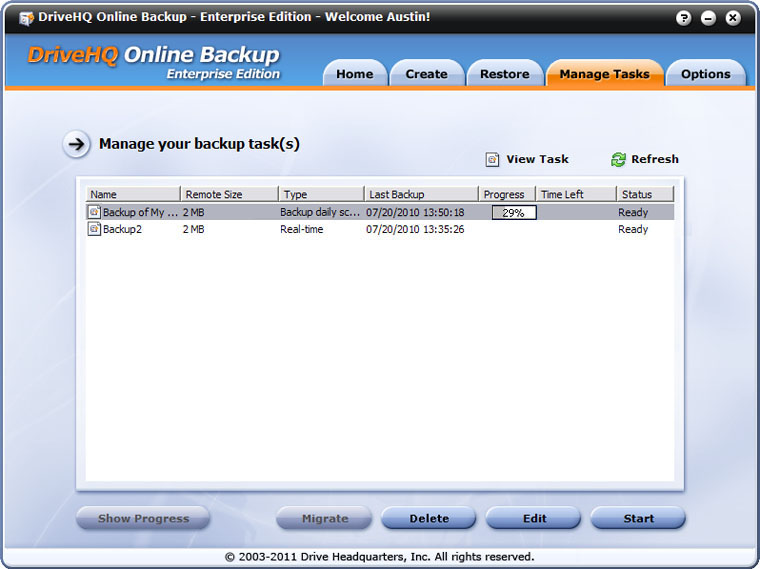 DriveHQ Online Backup screenshot - manage backup tasks