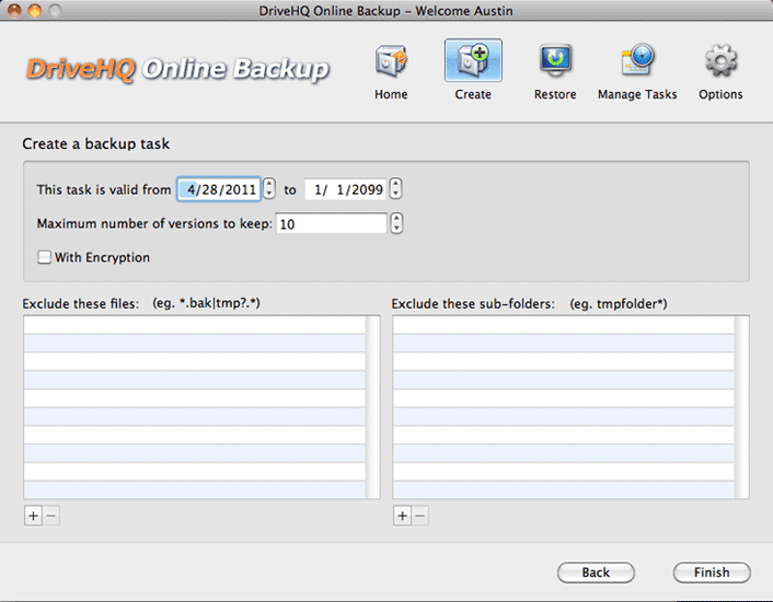 DriveHQ Online Backup for Mac screenshot - Create backup task with advanced options