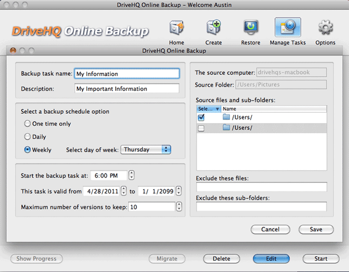 DriveHQ Online Backup for Mac screenshot - Edit backup task