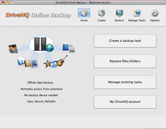 DriveHQ Online Backup for Mac screenshot - The main screen