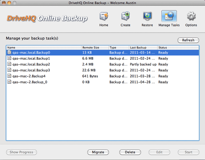 DriveHQ Online Backup for Mac screenshot - Manage backup tasks