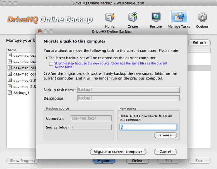 DriveHQ Online Backup for Mac screenshot - Migrate backup tasks to a new computer
