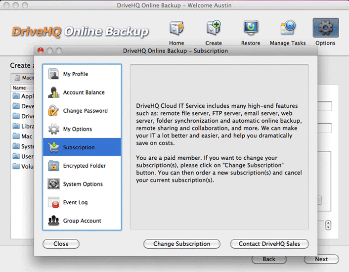 DriveHQ Online Backup for Mac screenshot - Backup options and account settings