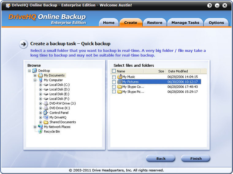 DriveHQ Online Backup screenshot - create a real-time backup task in one step