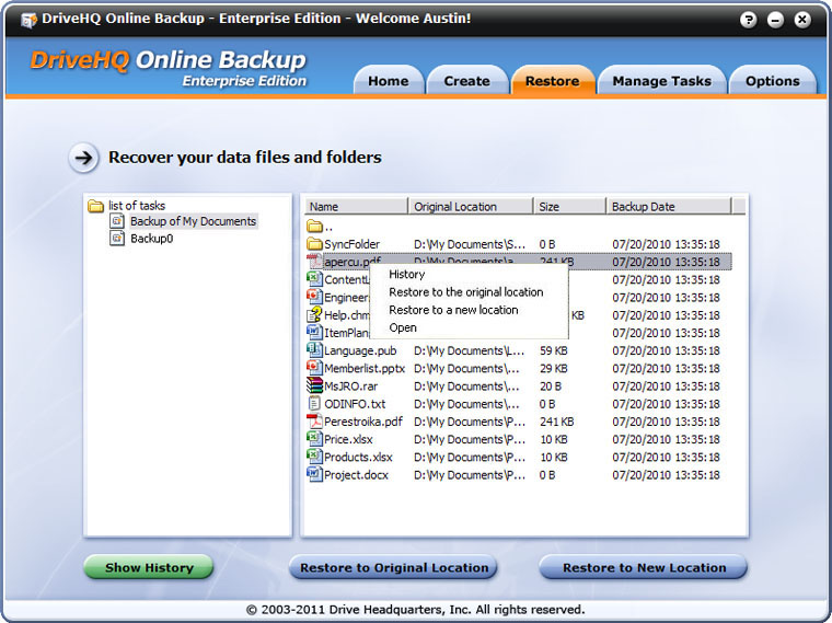 DriveHQ Online Backup screenshot - restore files/folders