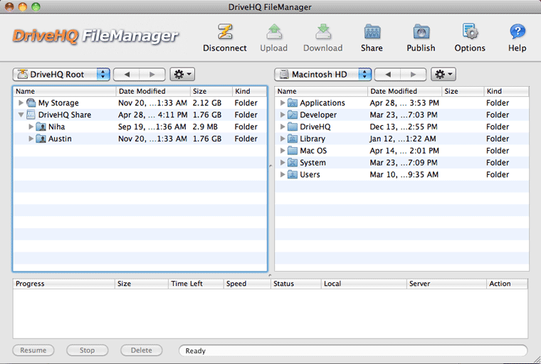DriveHQ FileManager for Mac main screen