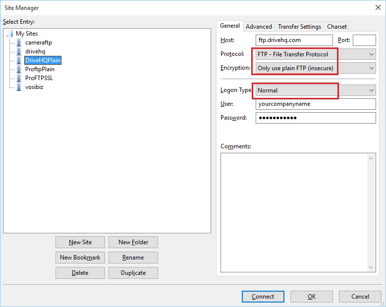 Add a new FTP site in FileZilla (By default it is FTP over SSL, you can change it to plain FTP)